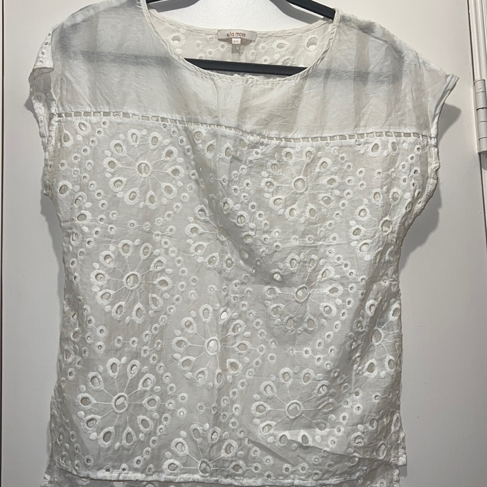 Ella Moss XS White Eyelet Lace Blouse Ladder Stitch High low hem